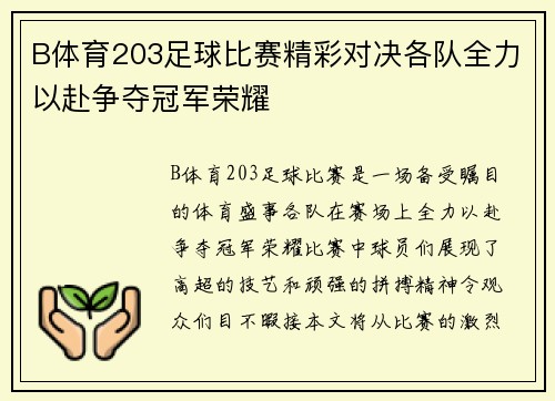 B体育203足球比赛精彩对决各队全力以赴争夺冠军荣耀