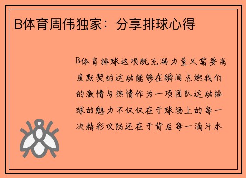 B体育周伟独家：分享排球心得